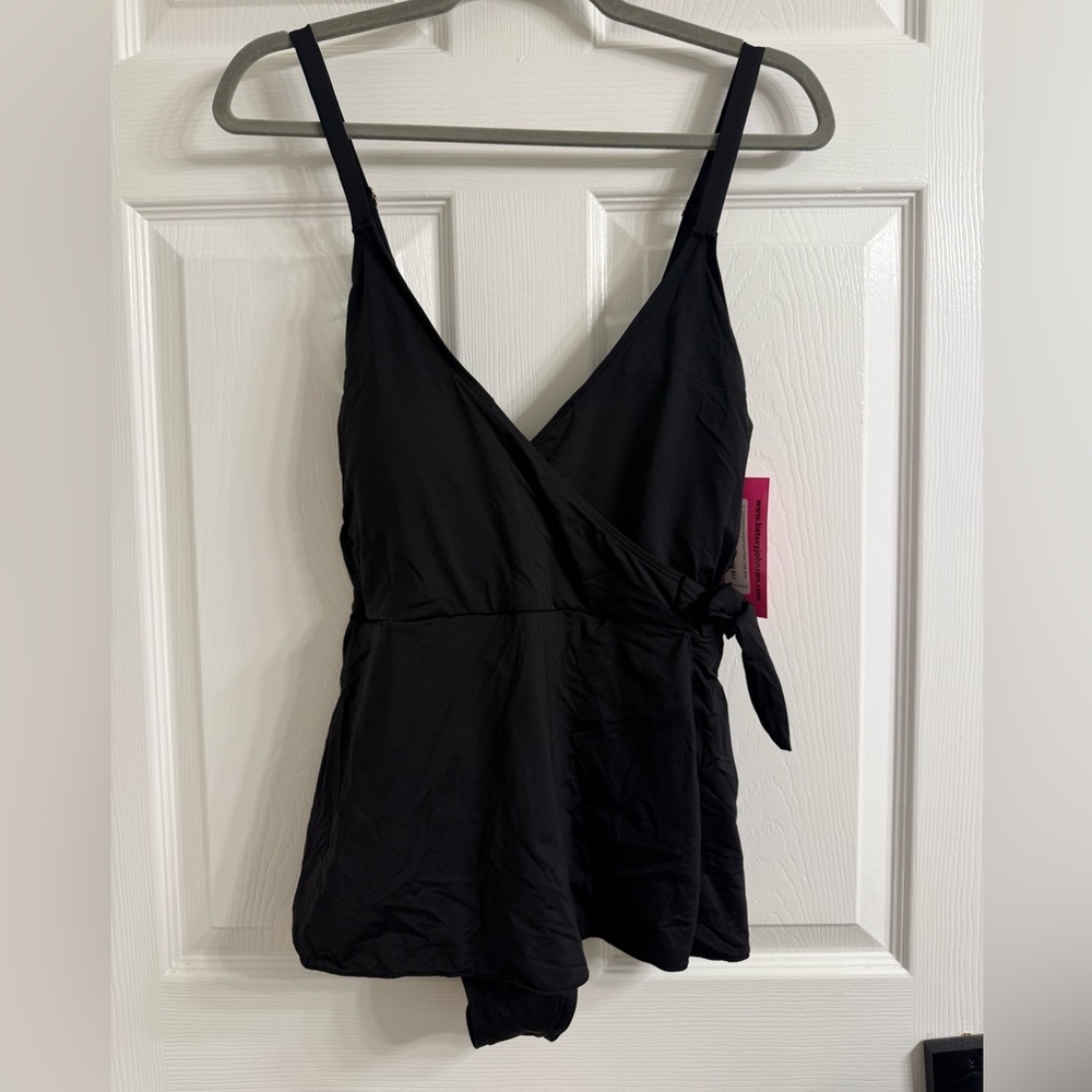 Betsy Johnson Solid Black Faux Wrap Swim Dress Bra Coquette